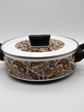 Vtg Fancipans Enamel Ware Sauce Pan Skillet 9" w/ Lid Brown Paisley Groovy '70s